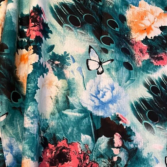 Peacock, Butterflies, and Flower Scarf 26” x 70” - Picture 5 of 6